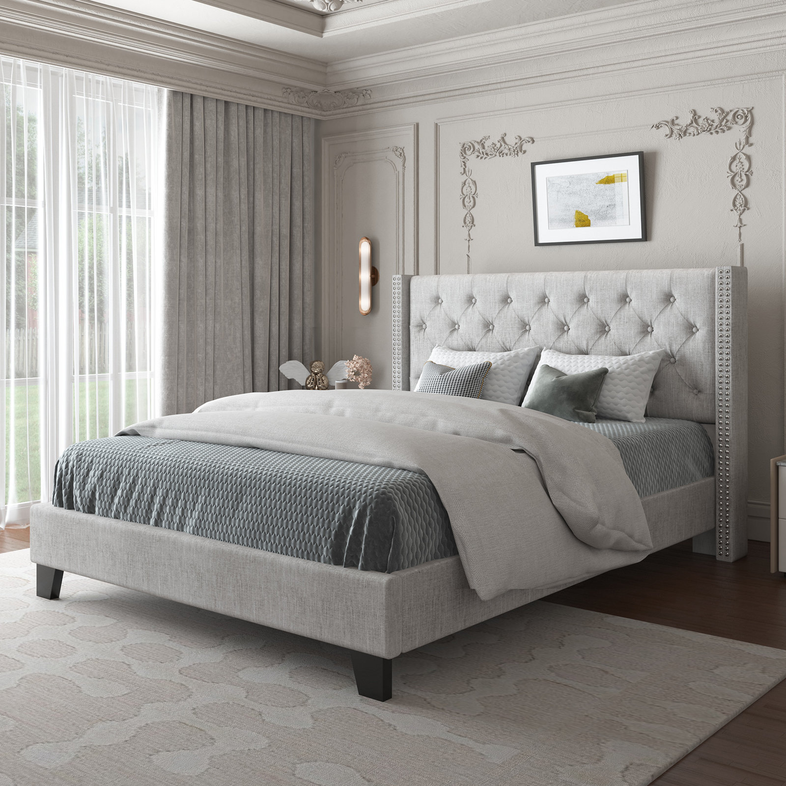 Nathaniel Home Elijah Silver Gray Wood Frame Queen Platform Bed with Wingback Upholstered Tufting Headboard