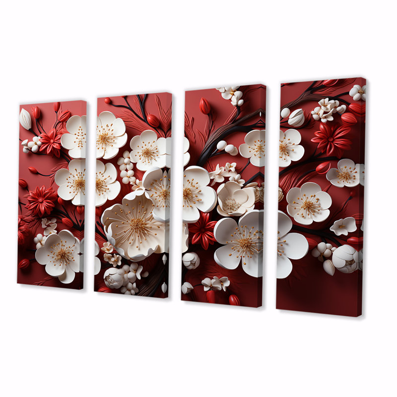 Orchidées blanches et rouges III - art floral abstrait 4 pièces, H 32 po x l 64 po