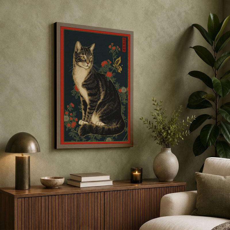 Tabby and Flowers Japandi - Wrapped Canvas, 30x20 - 76.2 x 50.8 cm, White Border