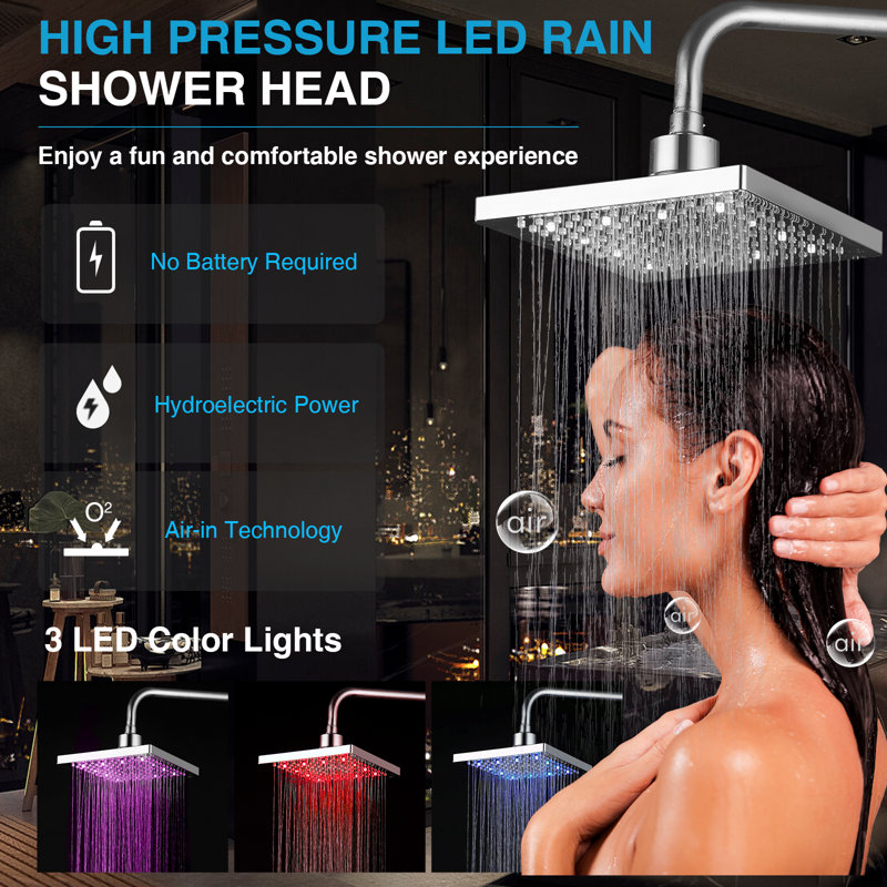 8'' Silver Led Shower Head With 3-color Temperature Control, 360° Rotatable
