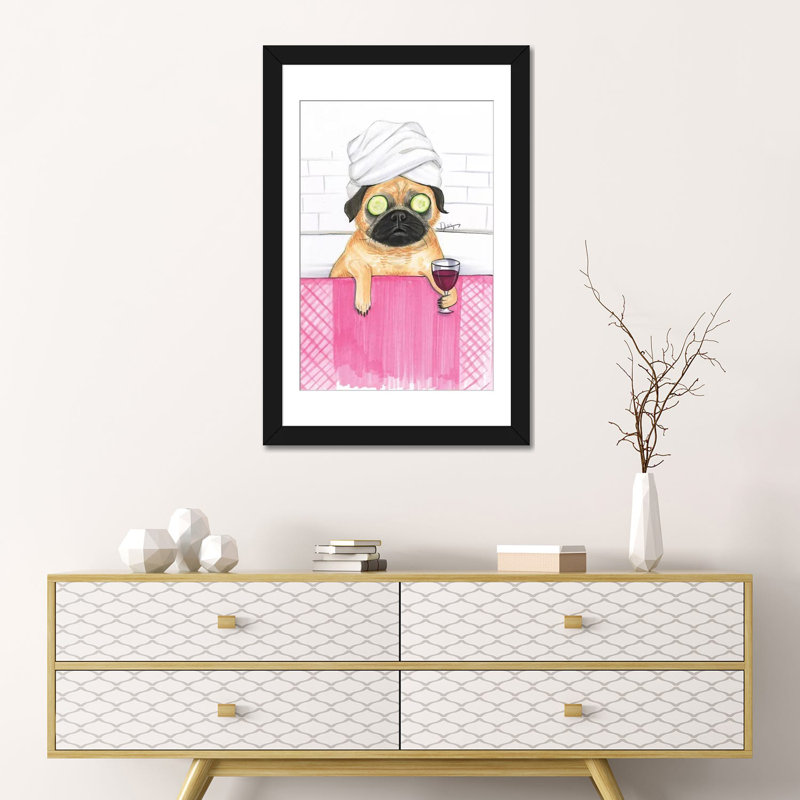 «Pug Bath», reproduction sur toile, Papier avec cadre noir, H 24 po x l 16 po x P 1 po, Blanc