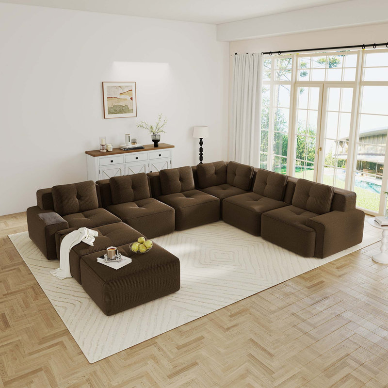 Canapé modulaire en velours côtelé haut de gamme sans assemblage et antidérapant, Velours côtelé - brun