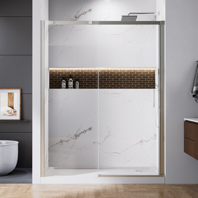 Enceinte de douche 60 po x 74 po avec porte coulissante en nickel brossé de 8 mm avec verre réversible certifié TGCC