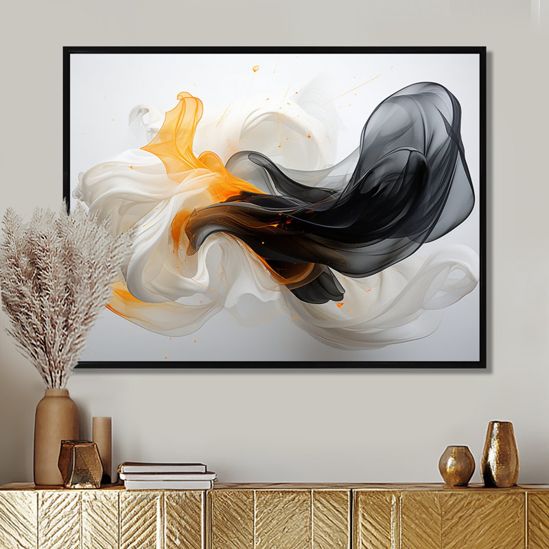 Blanc blanc vagues noires - encre liquide, art mural abstrait, salon, Cadre flottant noir, H 16 po x l 32 po