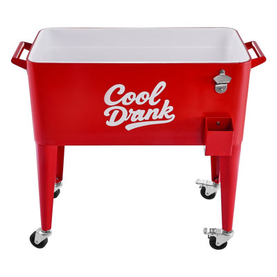 80 Quart Rolling Ice Chest, Holds up to 50 Bottles / 110 Cans, Portable Patio Party Bar Drink Cooler Cart with 4 Swivel Casters (2 with Brakes), Beverage Cooler Trolley with Bottle Opener, Red