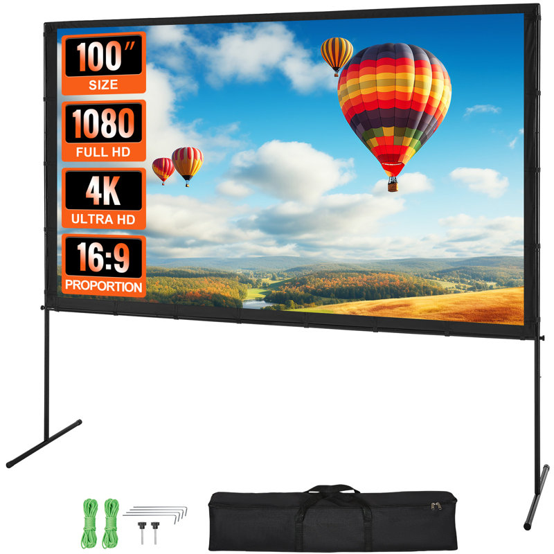Écran de projection avec support, 100 pouces, format 16:9, 4K 1080p, HD, pour projection en extérieur. Écran sans plis avec pattes et sac de transport inclus. Parfait pour les soirées cinéma à domicile ou dans le jardin.