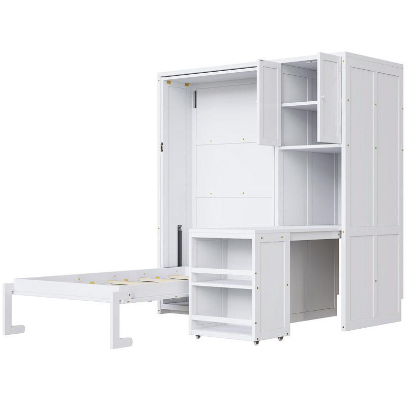Lit escamotable simple avec bureau roulant, armoire de rangement et bibliothèque, White