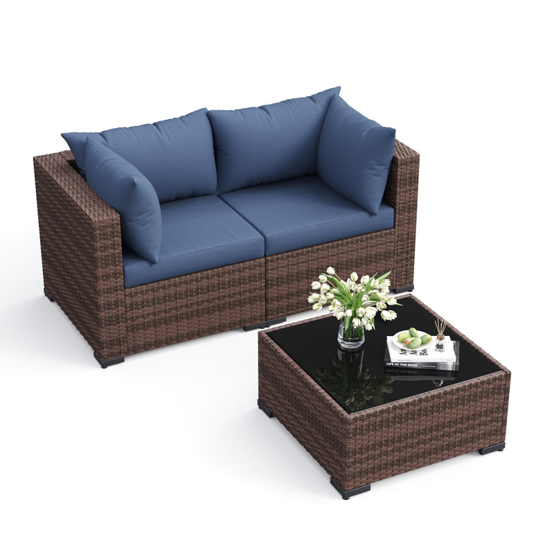 Ensemble de conversation de patio extérieur 2 pièces en résine tressée PE, canapé deux places et table basse en verre avec coussins