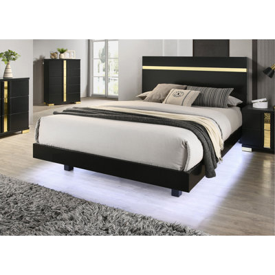 Black 1Pc Eastern King Size Bed Underbed LED Modern Bedroom Furniture Acrylic Trim Mattress Ready Bedframe