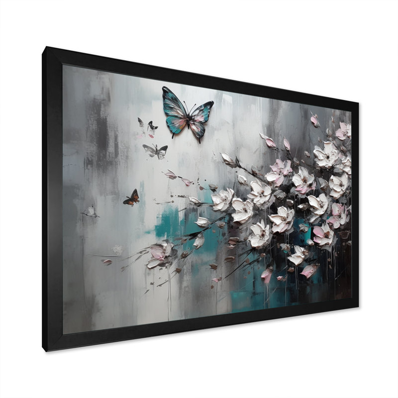 «Royka Flowers With Butterflies», peinture V sur toile, Cadre simple noir, H 12 po x l 20 po x P 1 po