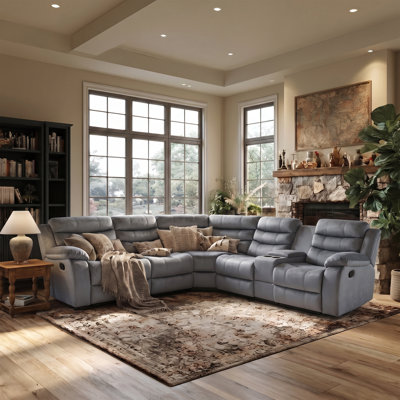 Manual Reclining Curved L-Shaped Corner Sectional Sofa, Velvet Upholstered Recliner Couch with Center Storage Console & Cup Holders for Living Room Home Theatre-Gray