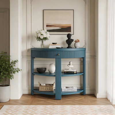Console demi-lune cannelée TREXM avec tiroir et 2 tablettes, bleu marine