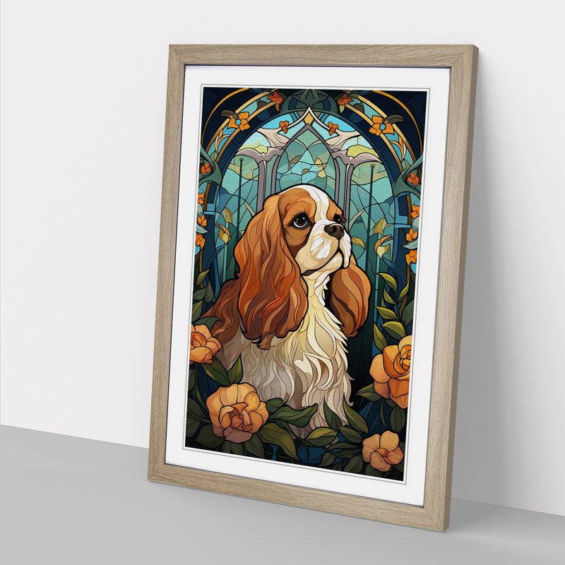 Cavalier King Charles Spaniel Nouveau No.2 - Single Picture Frame Print on Wood, Oak Framed, 46cm H x 34cm W x 2cm D
