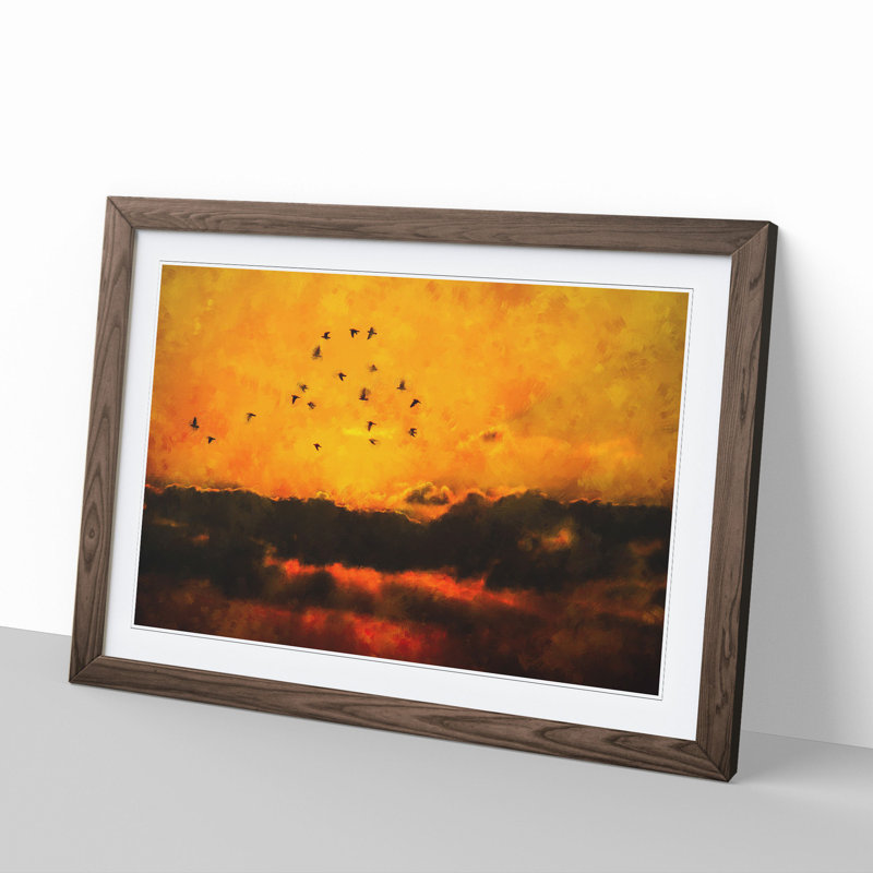 Birds and Orange Sunset - Picture Frame Painting, Walnut Framed, 27cm H x 36cm W x 2cm D
