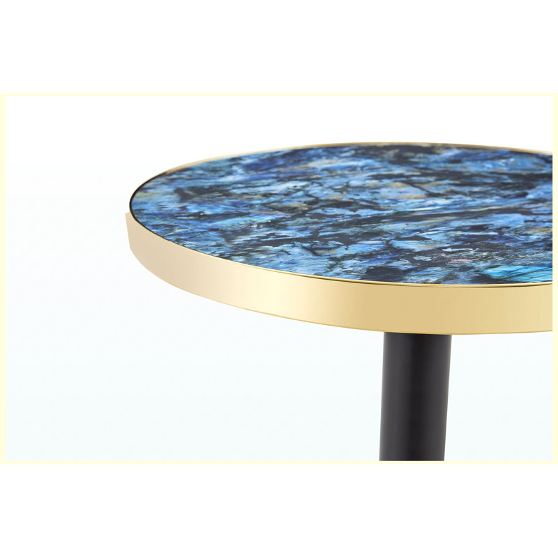 Table basse ronde de luxe moderne 23,6 po, plateau en panneau de fibres à densité moyenne à texture marbrée avec finition peinture UV, bordure en acier inoxydable, pieds en métal, table d'appoint de salon