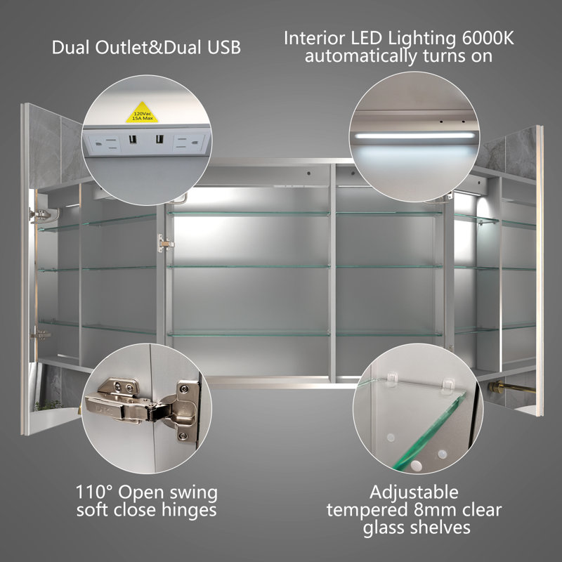 LED Frameless Medicine Cabinet With Mirror And Adjustable Shelves, Reversible, 32" H x 40" W x 5.25" D