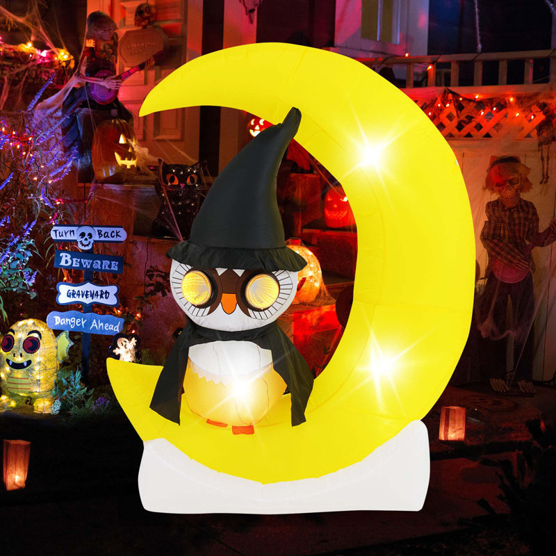 Décoration d'Halloween illuminée 4,3 x 5,1 pi avec lune et grand hibou avec piquets et sacs de sable