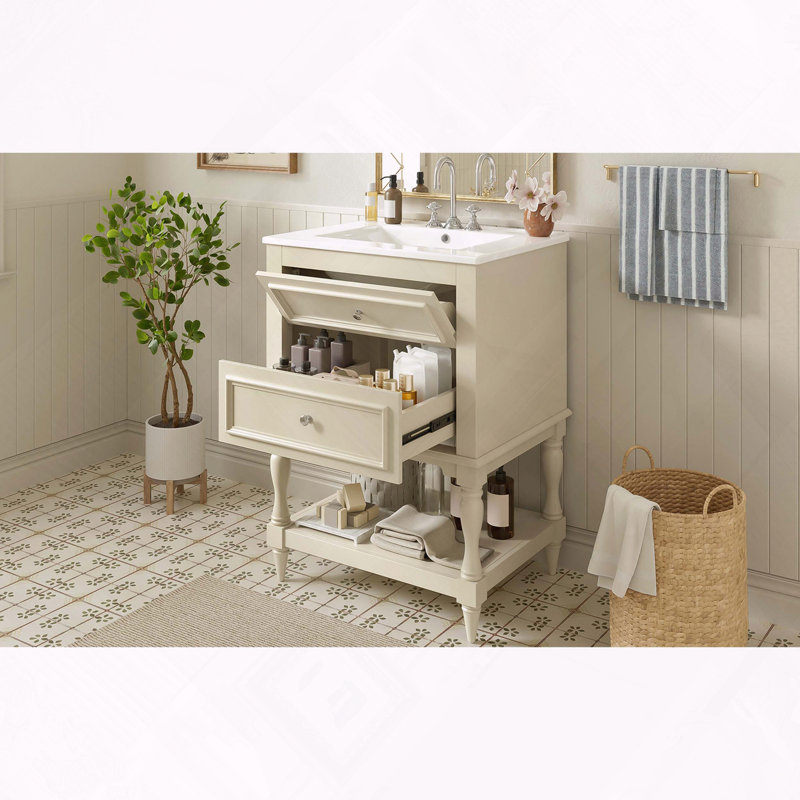 Meuble-lavabo rétro avec lavabo et rangement en céramique, Beige