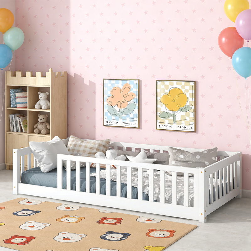 Twin Size Solid Wood Kids Floor Platform Bed for Toddler Bed Transition with Fence, No Door Included, White