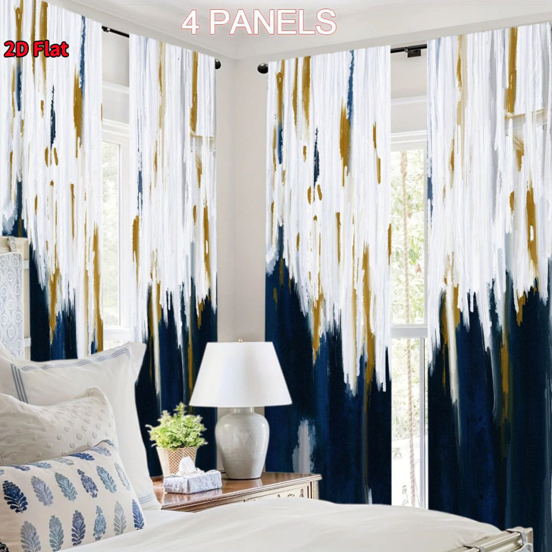 4Pcs Abstract Art Blue Gold White Brushstrokes, Soft Fabric Printed Window Drapes, Rod Pocket Curtains for Living Room, Bedroom, Dining, Modern Home Decor, Aesthetic Treatments, Privacy Panels