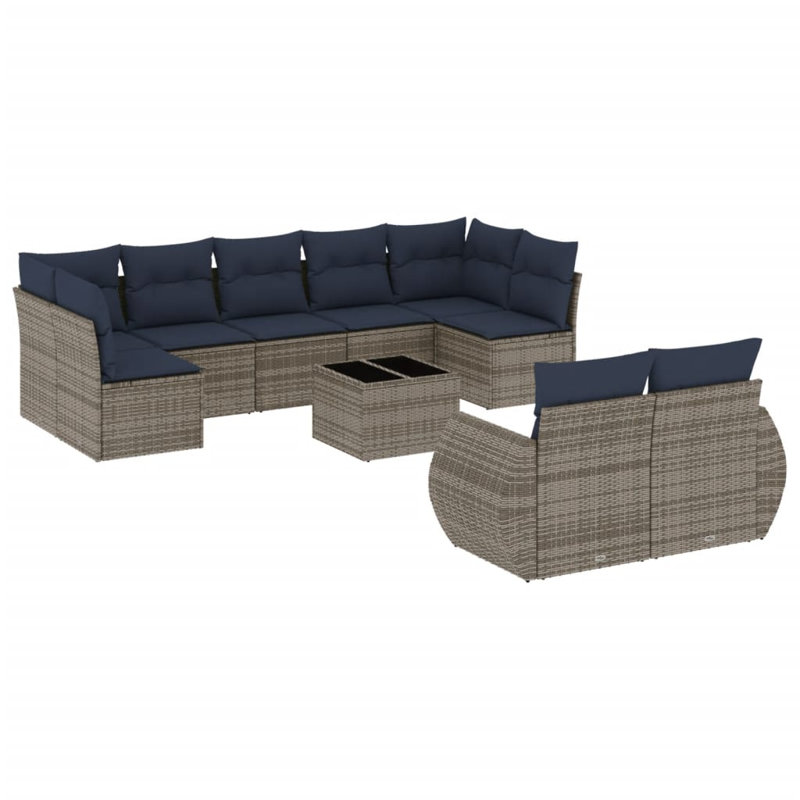 Ensemble de canapé de patio 10 pièces avec coussins en rotin de polyester, Gris, Bleu foncé
