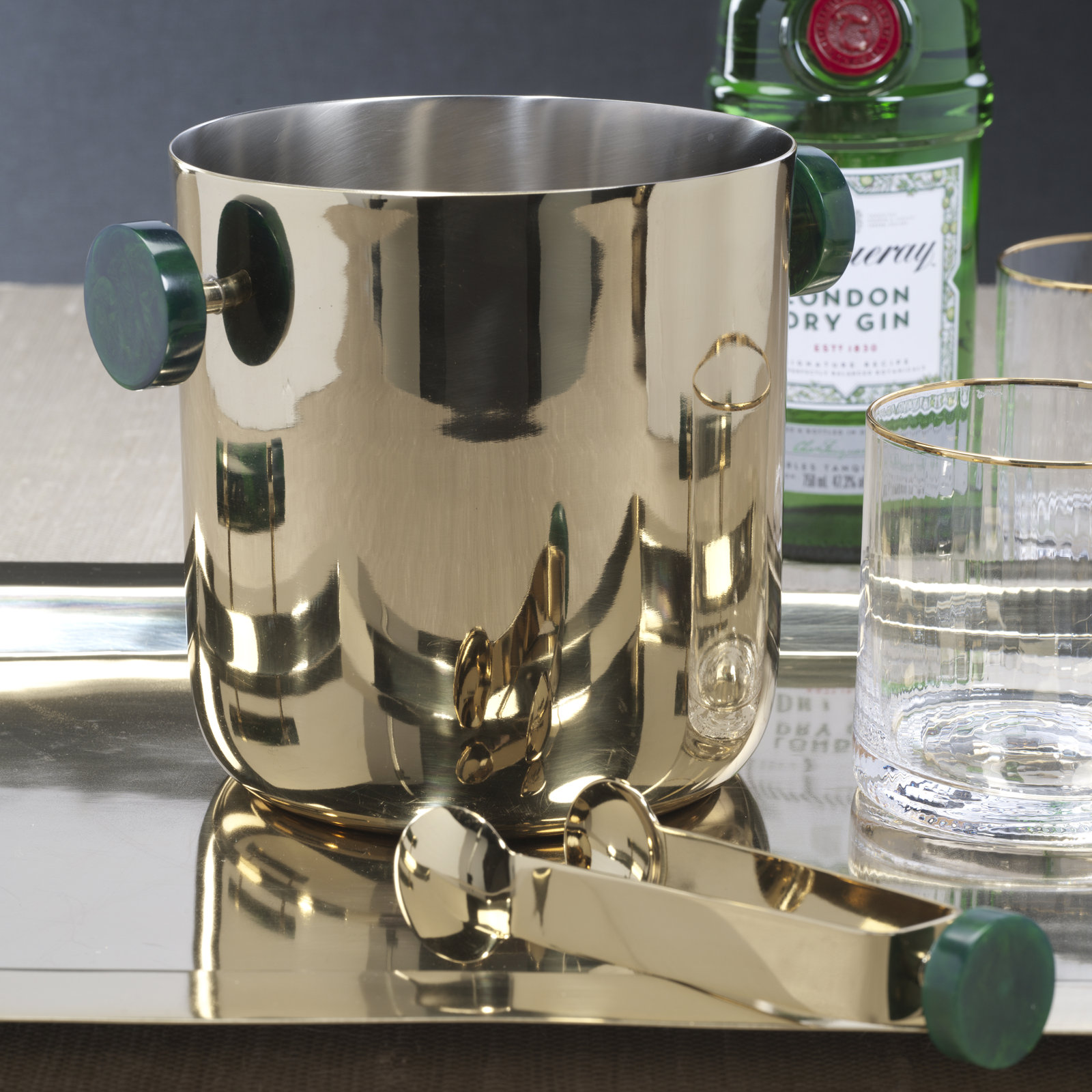 Gomez Stainless Steel Ice Bucket, Gold w/ Green Accent