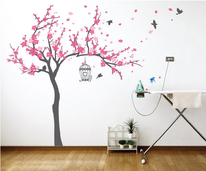 Décalcomanie murale Arbre en fleurs et oiseaux, Rose, H 60 po x l 77 po x p 0,01 po