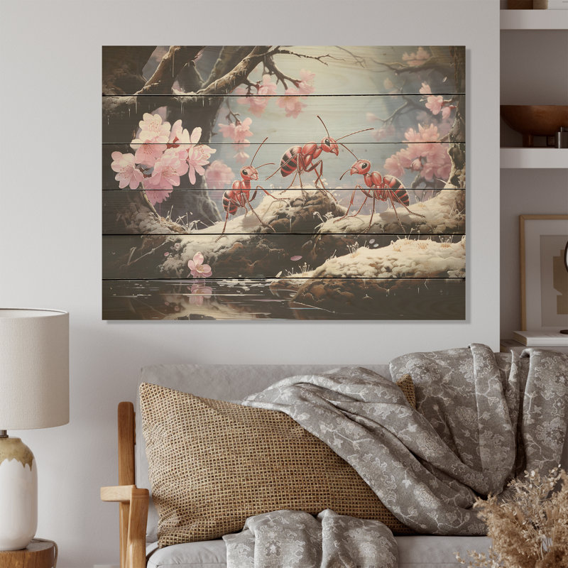 Pastel Gatherers Red Ants - Ant Wood Wall Art On Natural Pine Wood, 10" H x 20" W