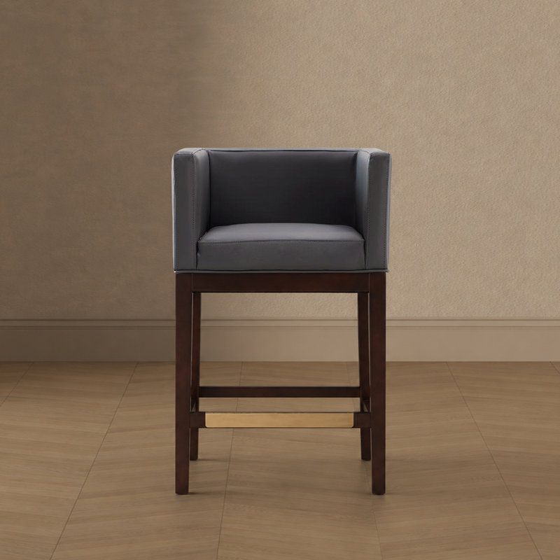 Kingsley Mid-Century Modern Vegan Leather Upholstered Beech Wood Counter Stool in Gray, Counter Stool (26" Seat Height)