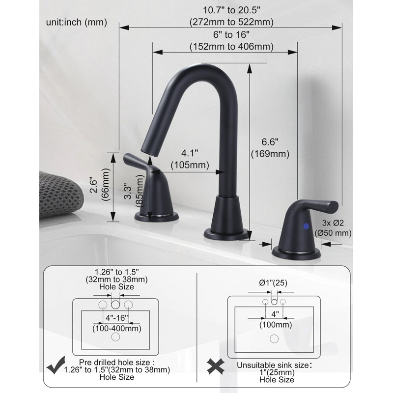 Widespread 2-handle Bathroom Faucet with Drain Assembly, Matte Black