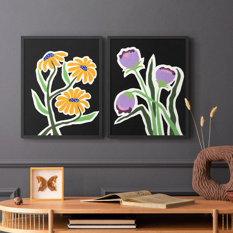 «Pop Flowers I», reproduction encadrée de qualité supérieure - prête à être accrochée - aucun clou requis - aucun clou requis