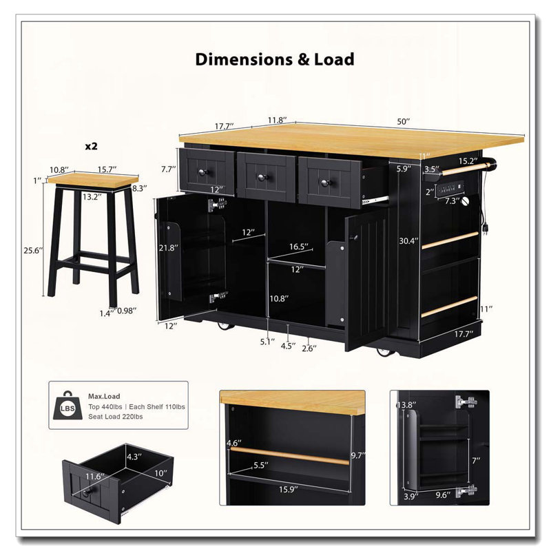 53-inch Kitchen Island Set with 2 Bar Stools, Drop Leaf & Power Outlet (Three Packages), Black