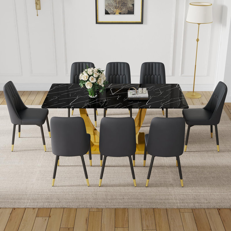 Ensemble de table de salle à manger 71 ", plateau en verre trempé avec pieds en métal, 9 pièces : table, 8 chaises, Noir