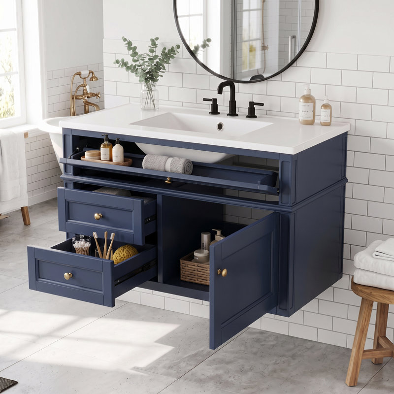 Meuble-lavabo mural en bois aggloméré 36 po avec lavabo à fermeture en douceur intégré en céramique brillante de 36 po avec tiroirs et lavabo simple en céramique à 3 trous