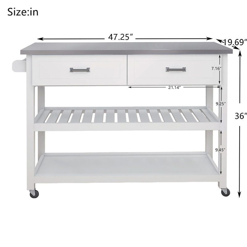 Chariot Kicthen blanc avec deux tiroirs et plateau en acier inoxydable