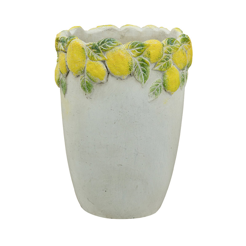 Jardinière en sable crème et ciment D6.5X9 "avec motif jaune citron éclatant, H 8,9 po x l 6,7 po x P 6,7 po