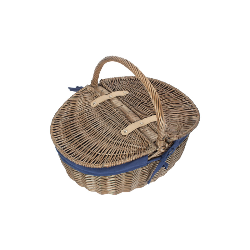 Wicker Lidded Picnic Hamper Basket with Lining,  Antique Wash 