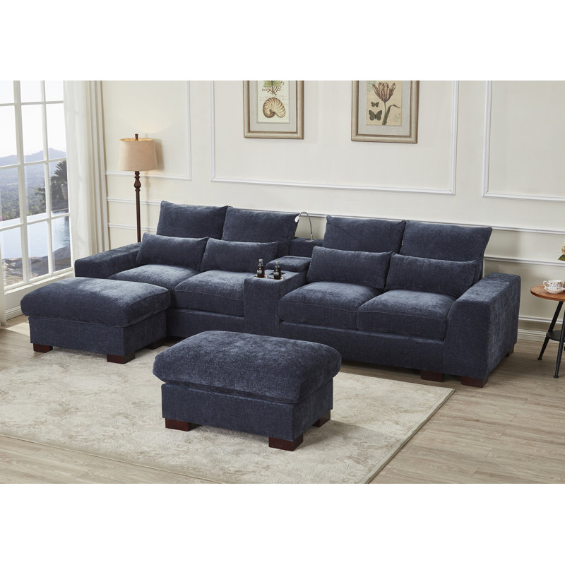 131.5” W Oversized 6-seater Composable Modular Sofa With Cupholder Console  With Usb Port And 2 Ottomans, Dark Gray Chenille