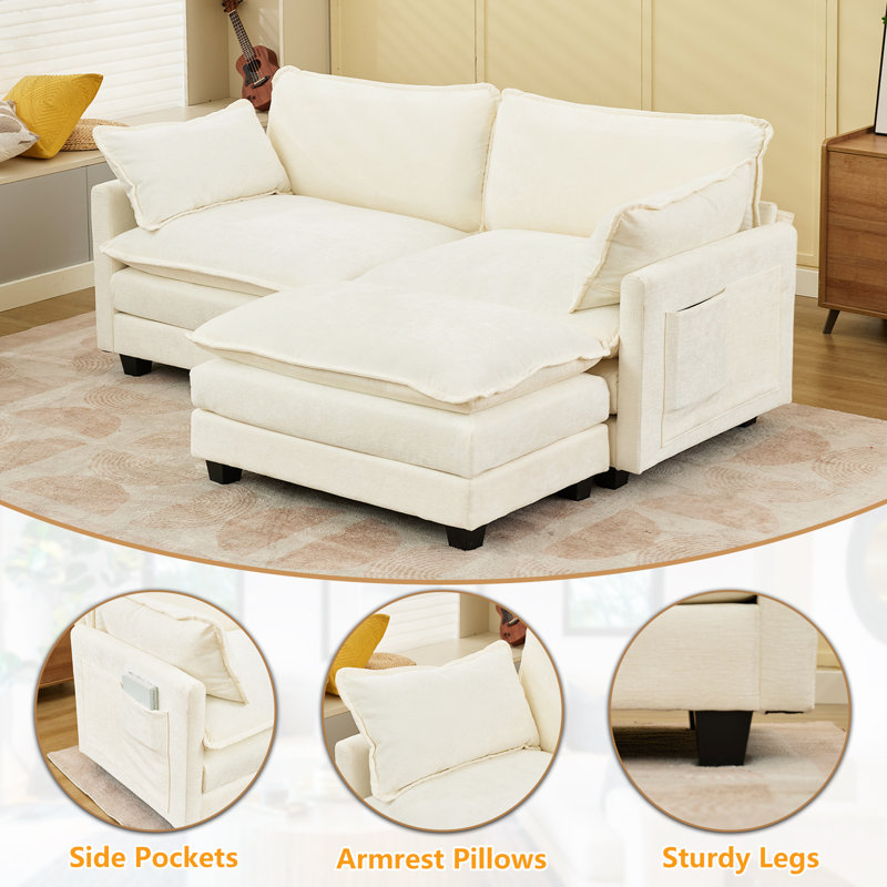 Rhydian 77.6" L-Shaped Couch Sofa With Ottoman Deep Seat Upholstered Sectional, Beige White Chenille