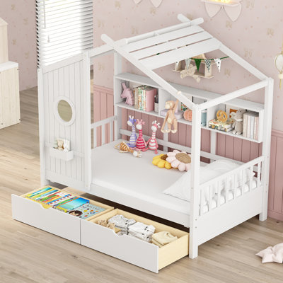 Lit en bois avec 2 tiroirs, lit pour enfant avec tablette de rangement