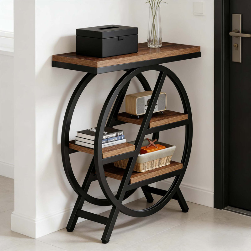 Compact Industrial End Table With 4-Tier Storage, Perfect For Small Spaces And Modern Decor., Brown