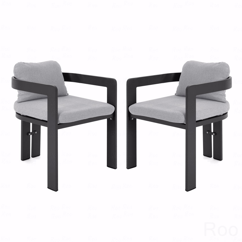Set Of 2 Outdoor Patio Dining Chair, Aluminum Black Finish With Grey Cushion, Gray