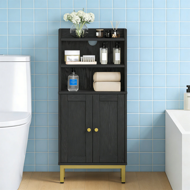 Small Bathroom Floor Cabinet With 2 Doors & Adjustable Shelf, Toilet Paper Storage, 7.1X14.6X32.7 In, Black, Matte Black