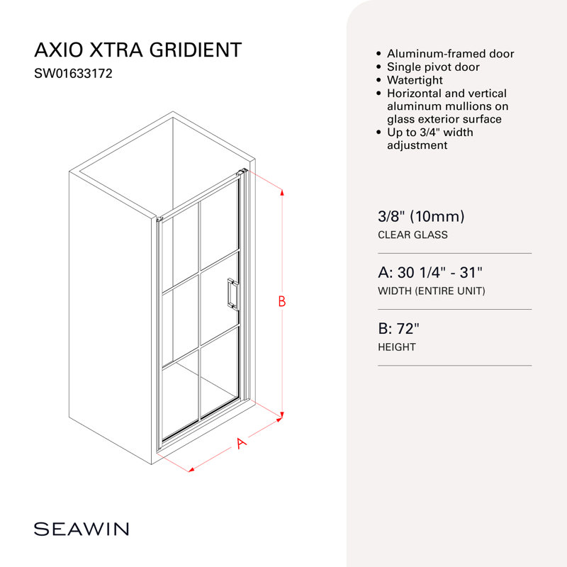 Seawin Axio XTRA Gridient 30,25 - 31 po x 72 po Porte de douche à pivot pivotant 3/8 po (10 mm), 31"