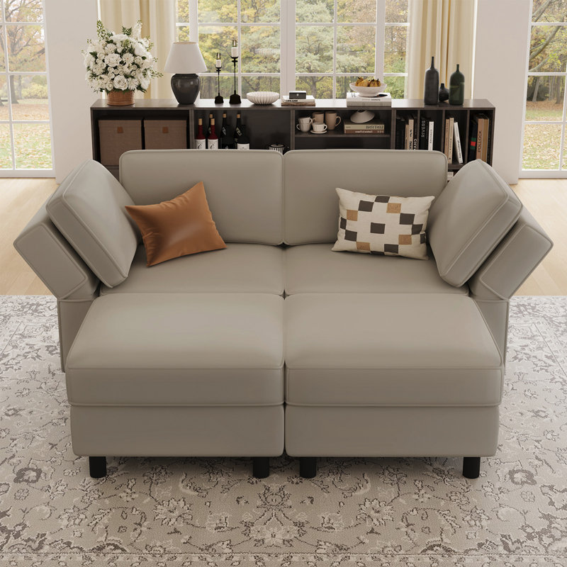 Modular Loveseat Sofa With Two Ottomans, Gray Velvet