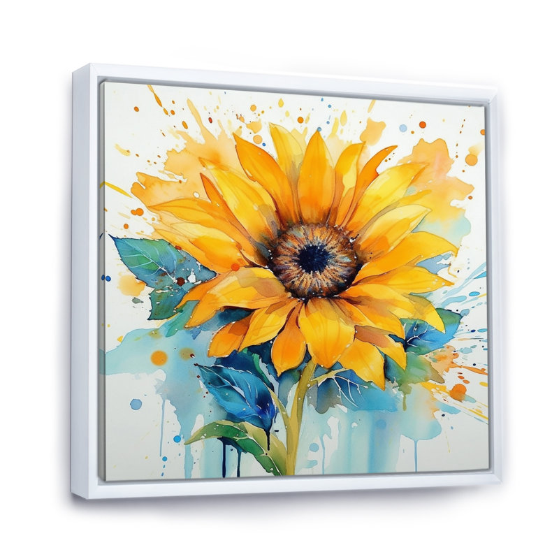 Jaune, bleu, doré, tournesols III, H 16 po x l 16 po x P 1 po, Cadre flottant blanc
