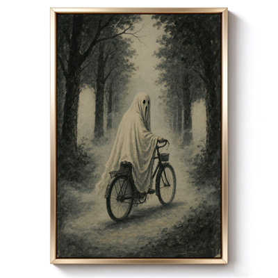 Fantôme d'Halloween à vélo dans les bois, tableau sur toile encadré, cadre beige, 50 x 75 cm