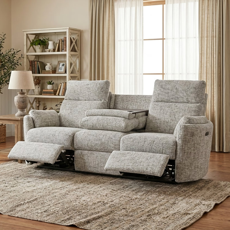Callendale Power Reclining 3-Seater Sofa With Drop Down Table, Cup Holders, Dual USB & Type-C Ports, Cream/Gray