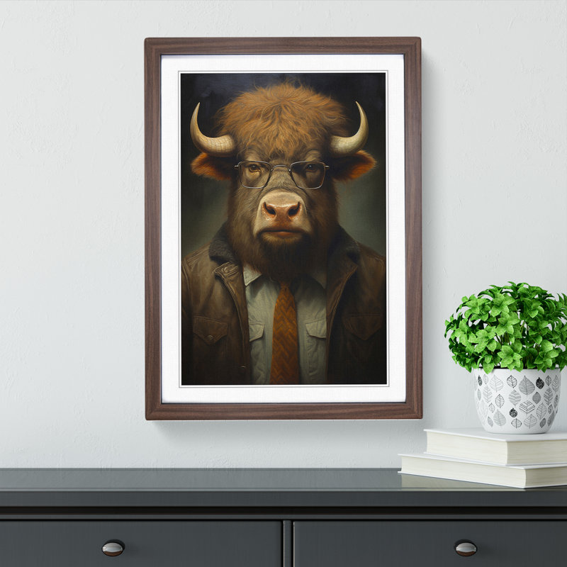 Bison With Glasses Painting - Single Picture Frame Print on Wood, 46cm H x 34cm W x 2cm D, Walnut Framed