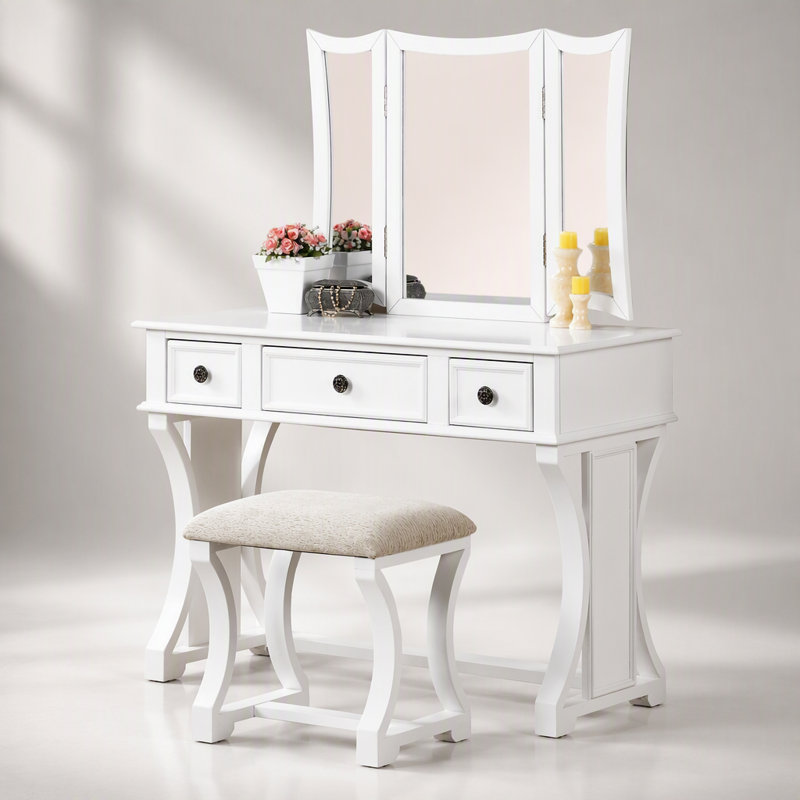 Ensemble de coiffeuse moderne et unique pour chambre à coucher, avec tabouret, miroir pliable et tiroirs, placage MDF blanc pour un rangement élégant